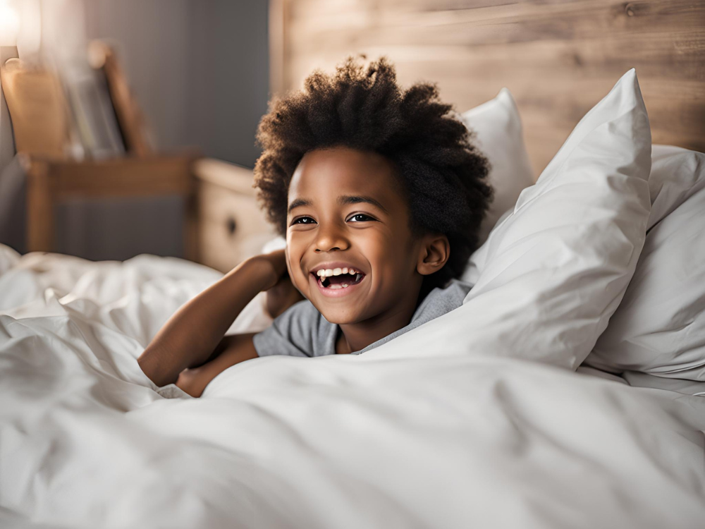 un enfant dans un lit avec un grand sourire